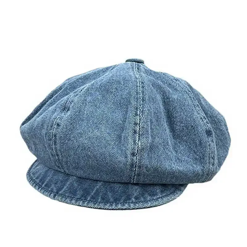 Vintage Washed Denim Fabric Newsboy Cap for Women Street Summer Spring Sun Protection Octagonal Hat Breathable Cotton Beret Cap