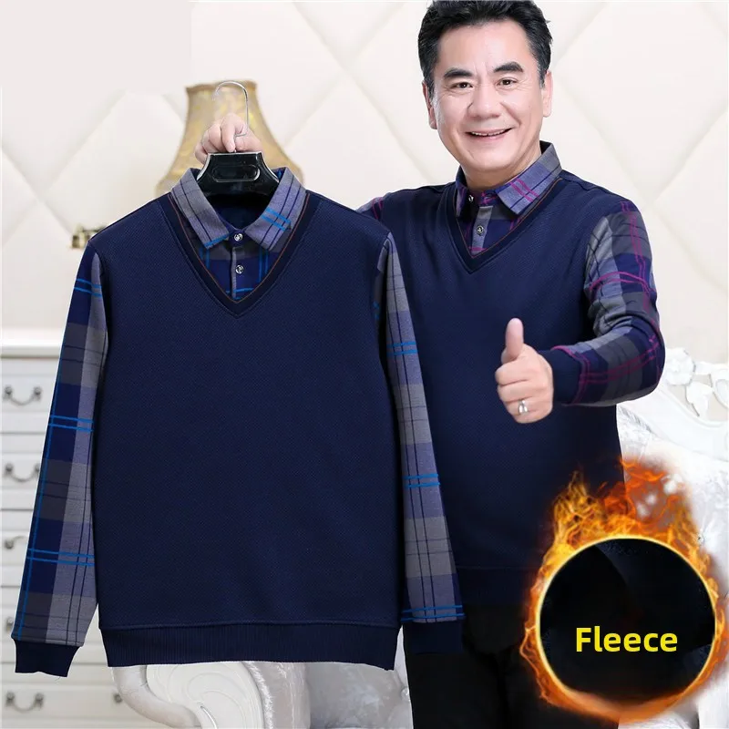 

Thiened Fce Long Sve T-irt Men's Busin Casual Warm Clothes Dad Clothes Knitted Sweater Middle-Aged And ly