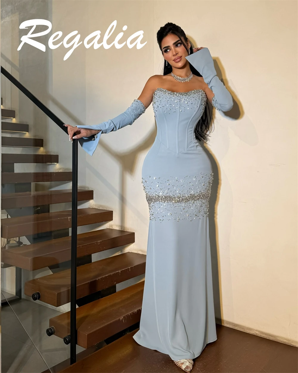 Customized Mermaid Elegant Blue Jersey Evening Dress Exquisite Strapless Detachable Sleeve Celebrity Gowns Luxury Prom Dress