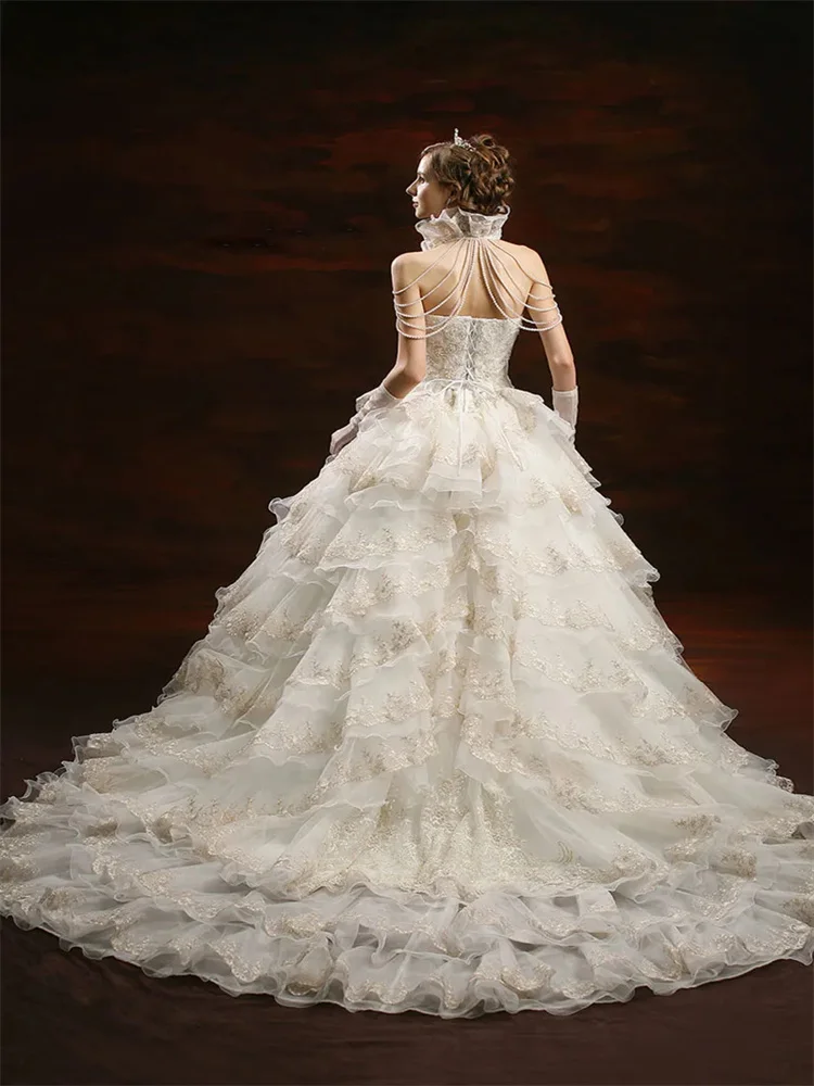 A-Lijn Elegante Trouwjurken Off-The-Shoulder Court Trein Kant Organza Lange Mouw Formeel Sexy Rugloos Met Appliques 2023