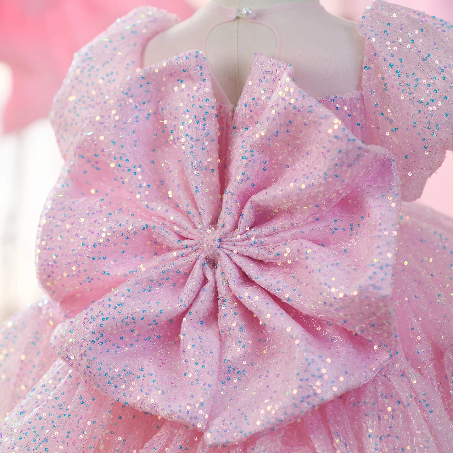 Dreamy Vow splendido abito da bambina rosa in tulle con paillettes con fiocco, matrimonio, compleanno, festa, lunghezza al ginocchio, abito da ballo J818