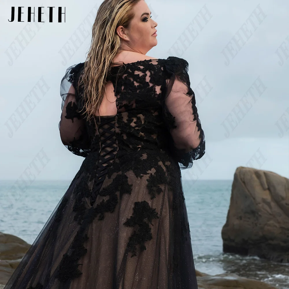 JEHETH Modern Wedding Dresses Preto Plus Size Puff mangas compridas Lace UpJEHETH Vestidos de casamento modernos Preto Plus Size Puff Mangas compridas Lace Up Vestidos de noiva A Linha Applique V-Neck vestidos de noiva