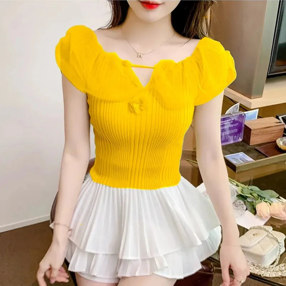 Summer Ice Silk Short Sleeves T-shirt For Women 2024 New Flower Design Sexy Short Tops Ladies Solid Casial Knit Thin Sweater Tee