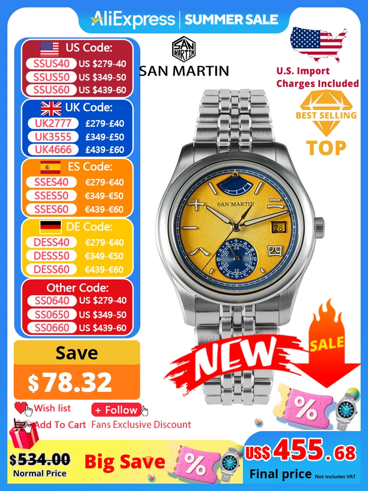 

San Martin 39mm Original Design Miyota 9132 Power Reserve Display Men Luxury Sport Watch Automatic Mechanical Waterproof SN0144