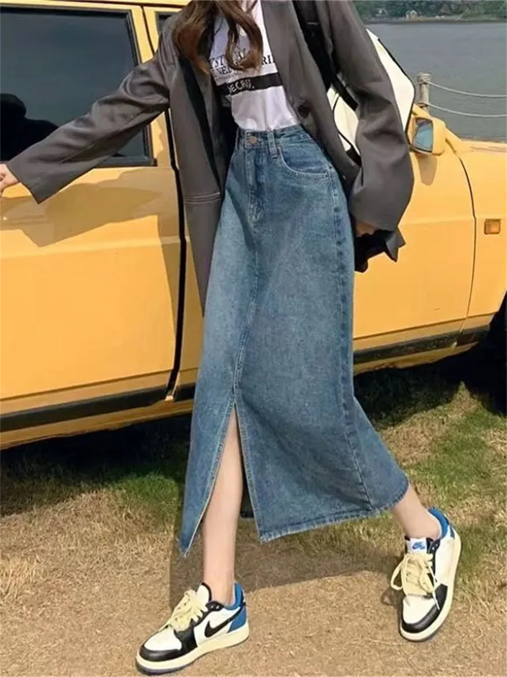 High-Waist Retro A- Line Skirt Summer Women Pockets Front Slit Washed Blue Denim Skirts Hip-Covering Straight Long Jeans Skirt