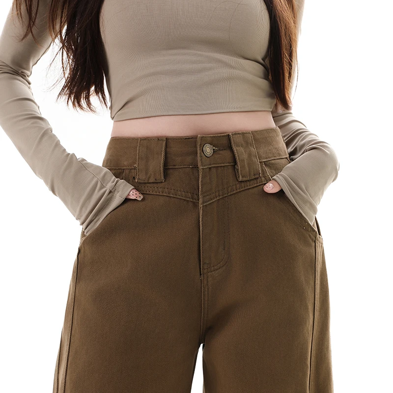 

Весенние винтажные широкие коричневые женские джинсы, женские мешковатые джинсовые брюки с высокой талией, корейские свободные повседневные брюки с прямым шаговым швом