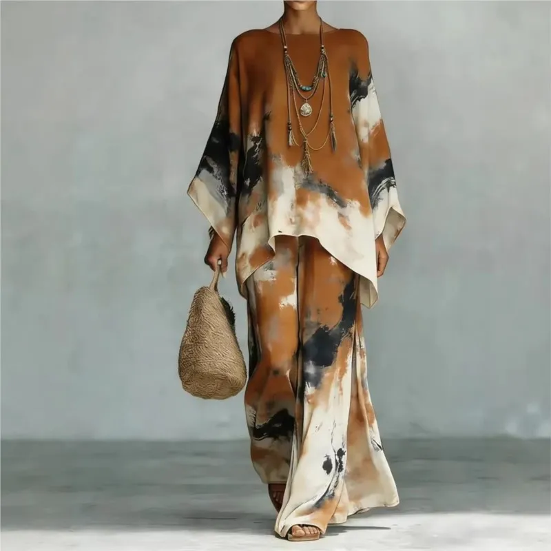 

Fashion Vacation Print 2-Piece Set Women's Loose Oversize Flared Sleeves Top Shirt + Wide-leg Pants Elegant Party Holiday Suit