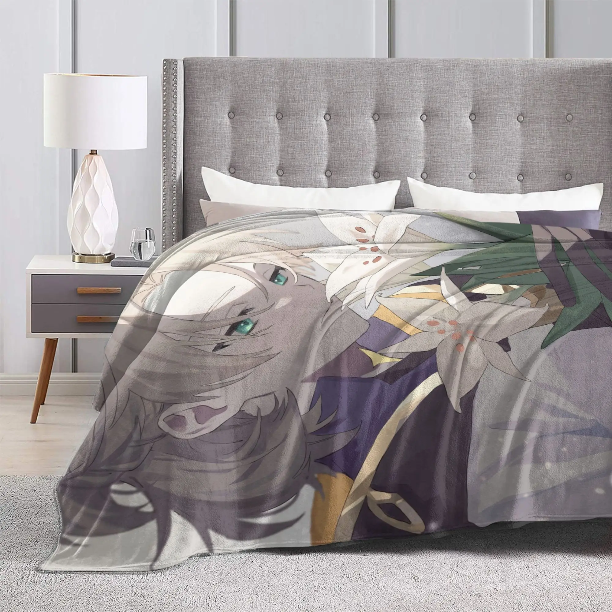 Albedo Genshin Impact Knitted Blanket Flannel Cute Amine Game Super Warm Throw Blanket for Bedroom Sofa Bedspread