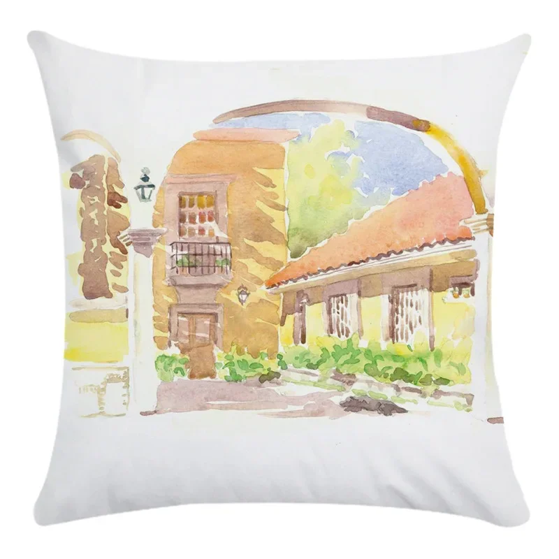 European Architecture Oil Painting Pattern Cushion Cover Sofa Polyester Pillow Cover Decorative Pillowcase Chair Home Decor