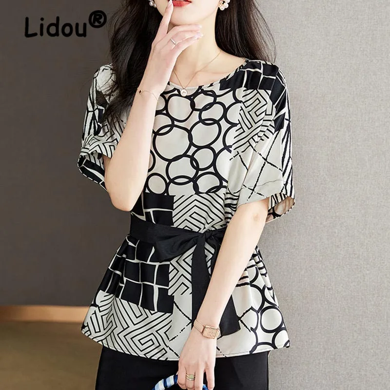 

Summer Women's Elegant Urban Commuting Office Lady Loose Chiffon Shirt Bat Sleeve Waist Thin Small Black Stitched Printed Top