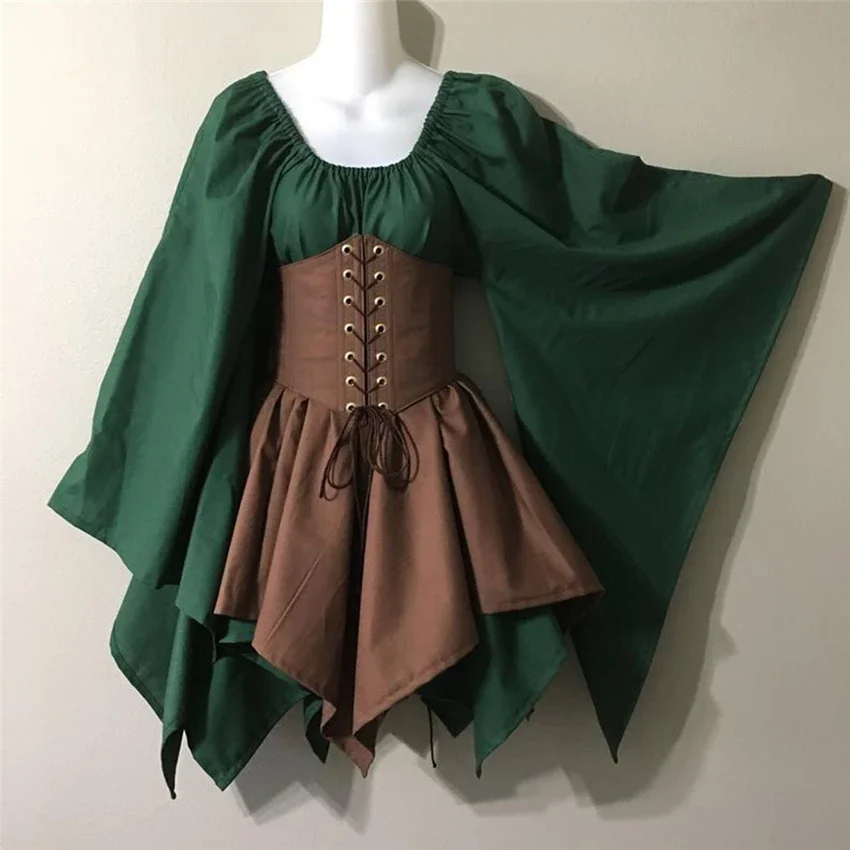 Disfraz Medieval de la Época Renacentista, Estilo Palacio Victoria, para Mujer, Disfraz de Halloween, Manga Larga, Cinturón, Vestido con Parches para Fiesta