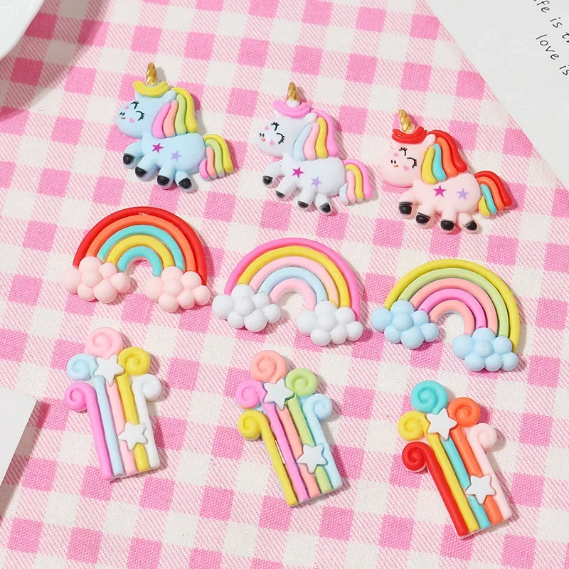 Hars Kawaii Cartoon Cute Rainbow Unicorn Series Plaksteen Stone Figurine 8Pcs Scrapbook Diy Decor Woonaccessoires Ambachten