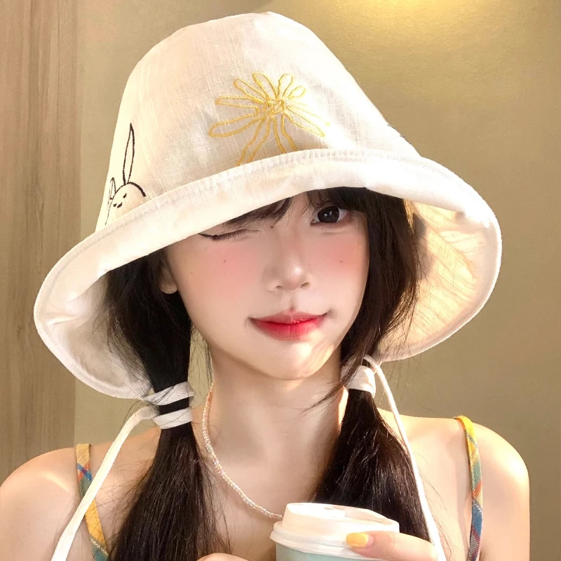 

Cute Cartoon Embroidery Simple Strap Bucket Hats Women Show Face Small Summer Autumn Travel Sun Protection Versatile Sun Hat