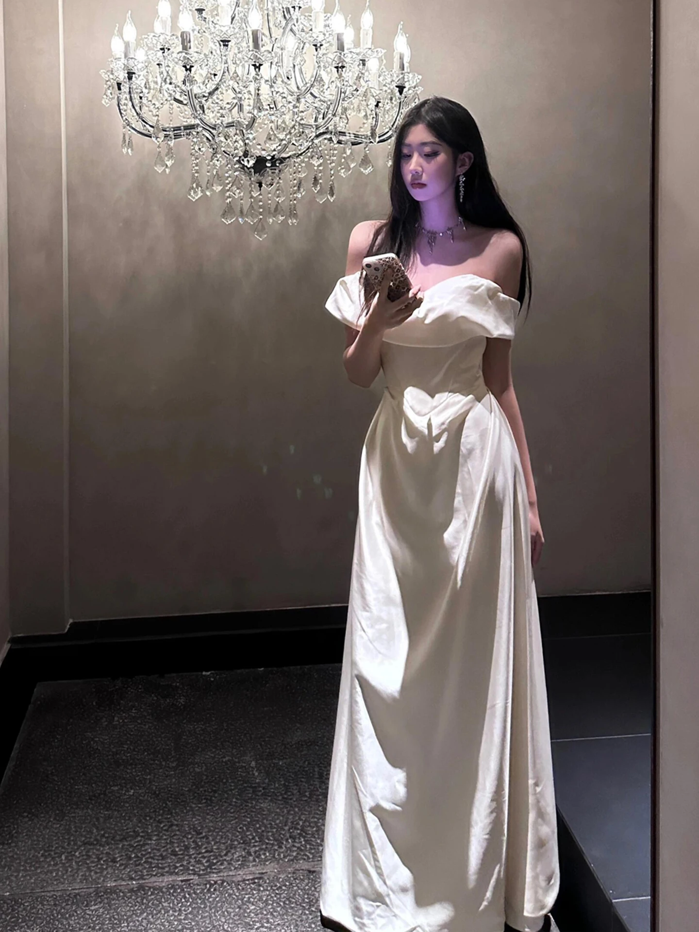 

White Satin Evening Dr One oulder Wedding Dr Fem Sle High Waist Floor Length Korean Version Wedding Ceremony Dr