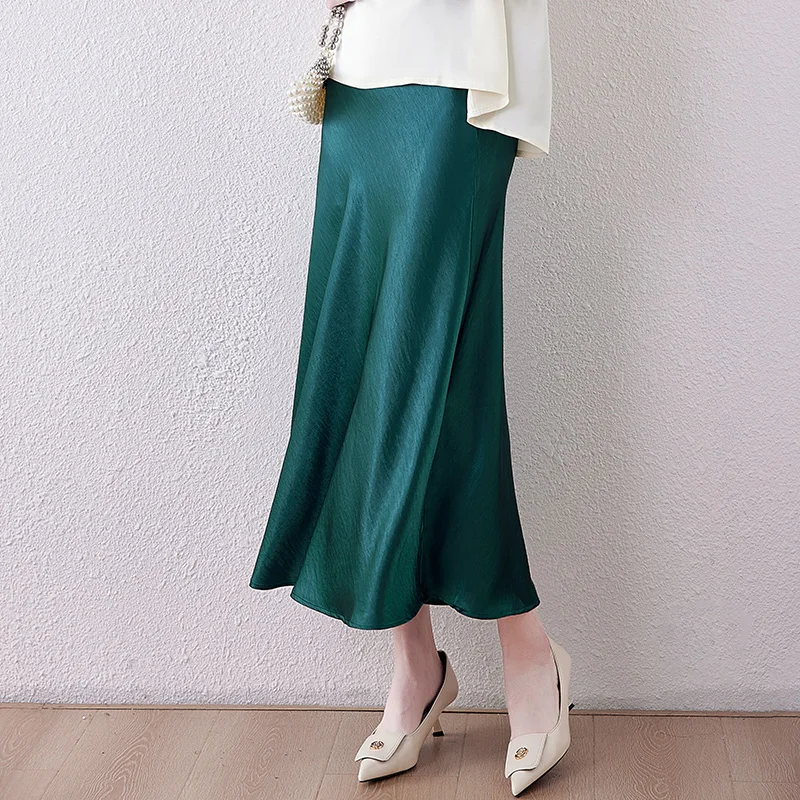 

New Fashion 2025 Spring Summer Vintage Satin Solid Long Skirts Women High Waist Elastic Silky Skirts Casual A-Line Skirts