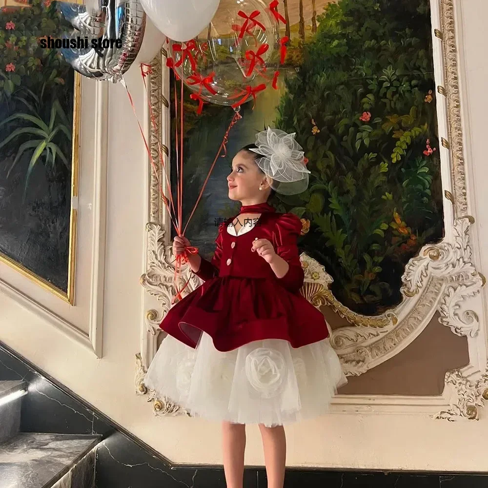 

Red Flower Girl Dresses for Wedding Satin 3D Floral Knee Length Kids Christmas Ball Gown First Communion Gowns Customized