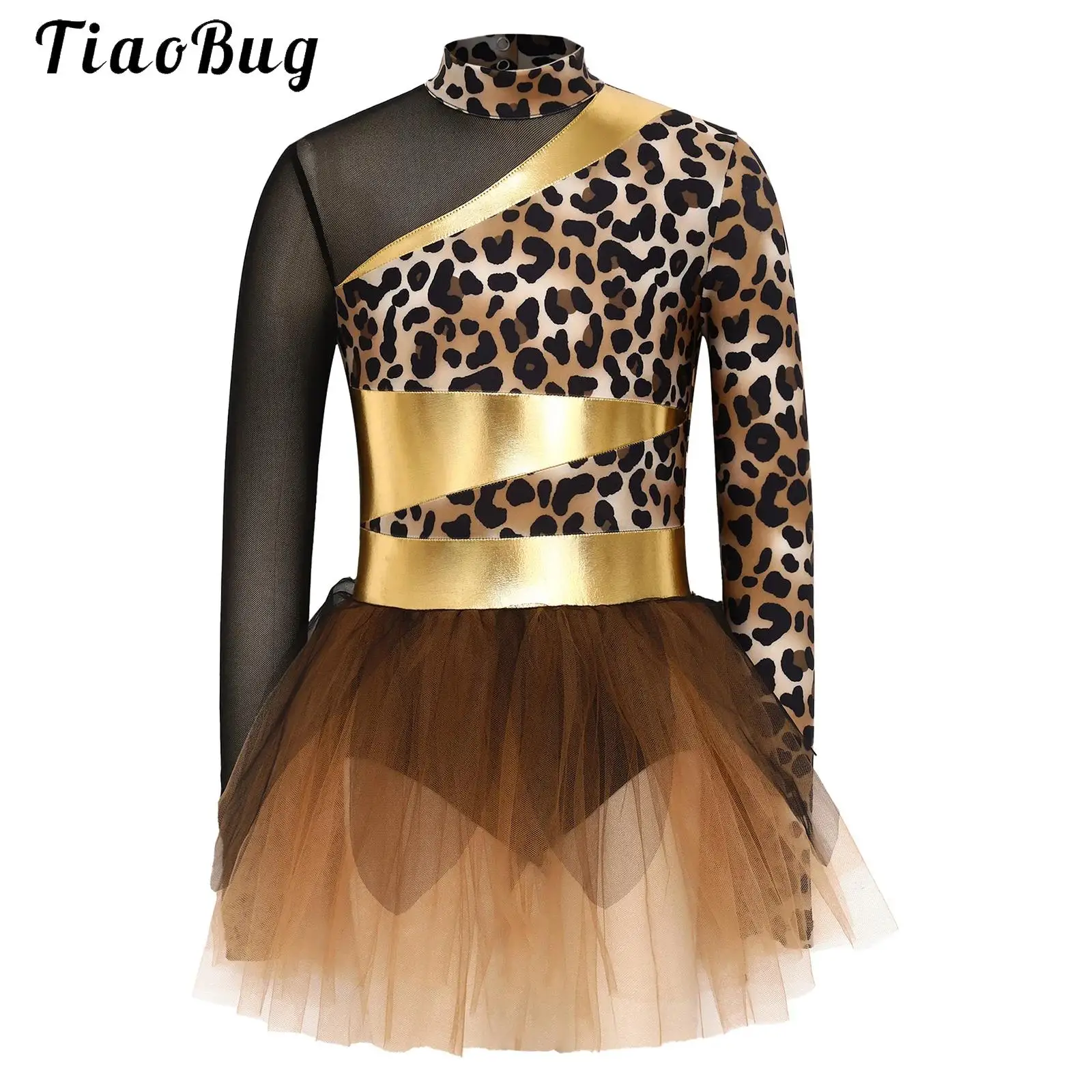 Girls Prehistoric Caveman Costume Ballet Tutu Dress Metallic Gloss Leopard Printed Mesh Leotard Dress Stone Age Cavegirl Dres Up
