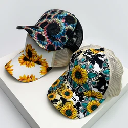 Nuove donne stampano cappelli da Baseball a blocchi di colore girasole traspiranti Criss Cross Ponytail parasole versatili cappellini da camionista Mesh Fashion