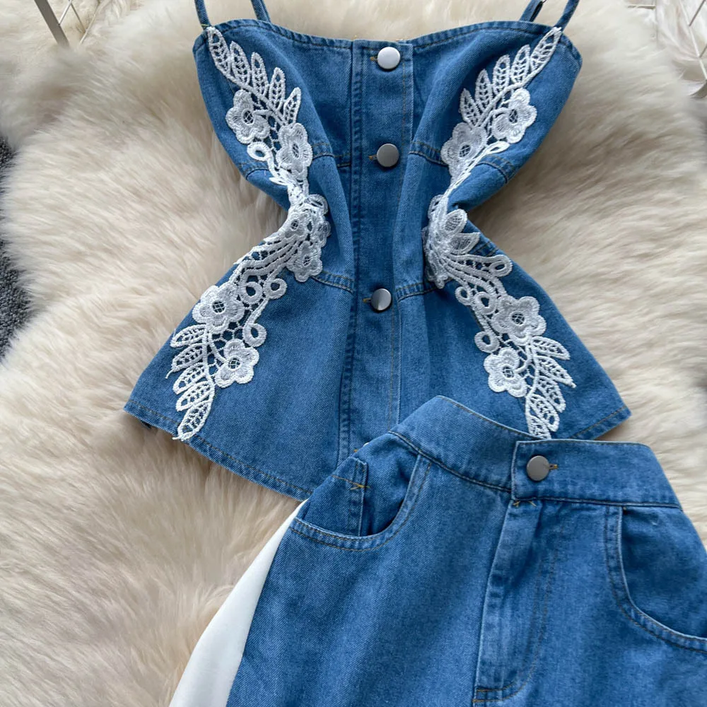 ジーンズスーツ レディース デニム ツーピースセット レーススリングトップ キャミソール ワイドレッグパンツ パッチワークボタン トラウザーズ アウトフィット サマーアンサンブル