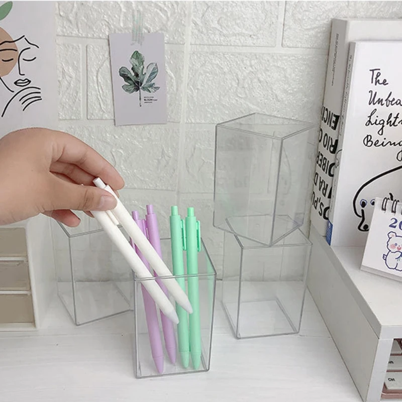 Transparent Acrylic Pen Holder Decorative Cube-shaped Pen Container Paint Brush Holder Ideal for Student Children Adult