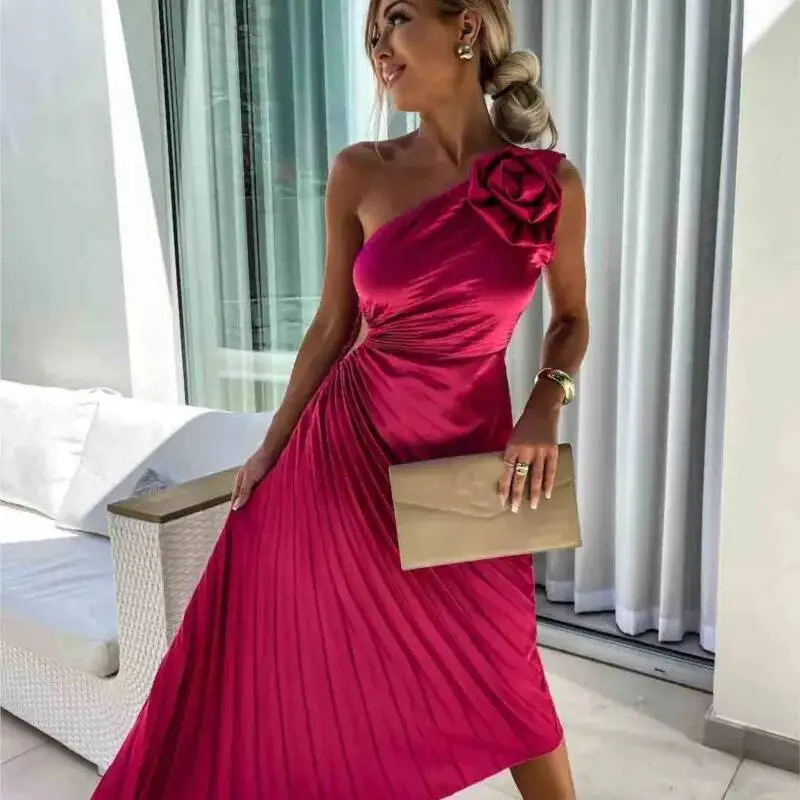 Vestido largo sexi de fiesta con cintura sin mangas y cuello Diagonal para mujer, vestido liso calado elegante con decoración floral a la moda