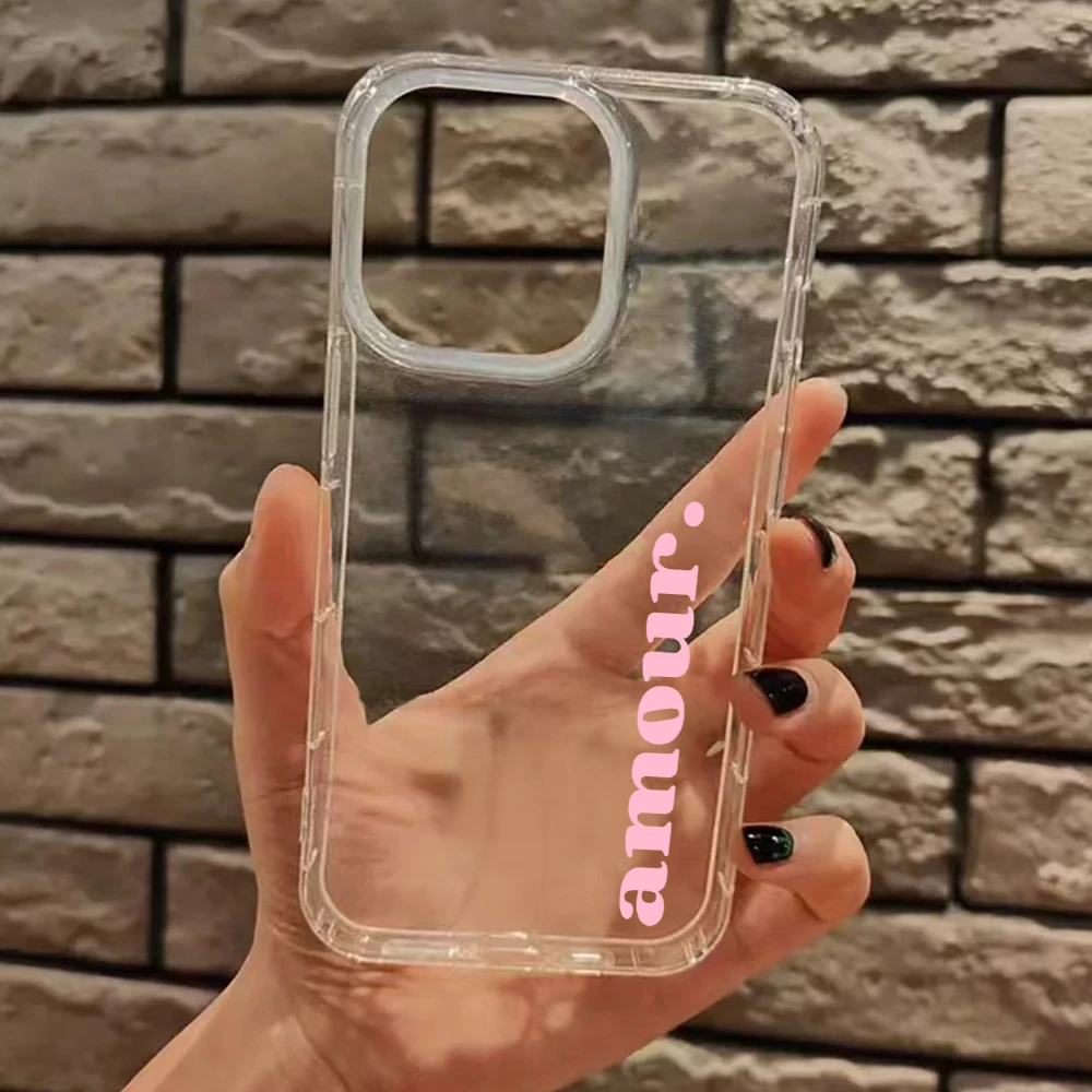 Simple Pink Amour Letter Clear Phone Case For iPhone 17 16 15 14 13 12 11 Pro Max 17 Air 14 15 Plus XS X XR Silicone Soft Cover