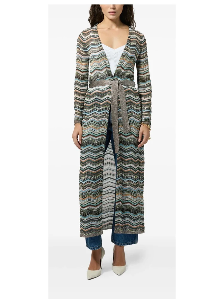 High-End Version Knitted Open Cardigan Long Skirt Set Wave Pattern Collar Hanging Neck European Style Elegant Color Block Belt