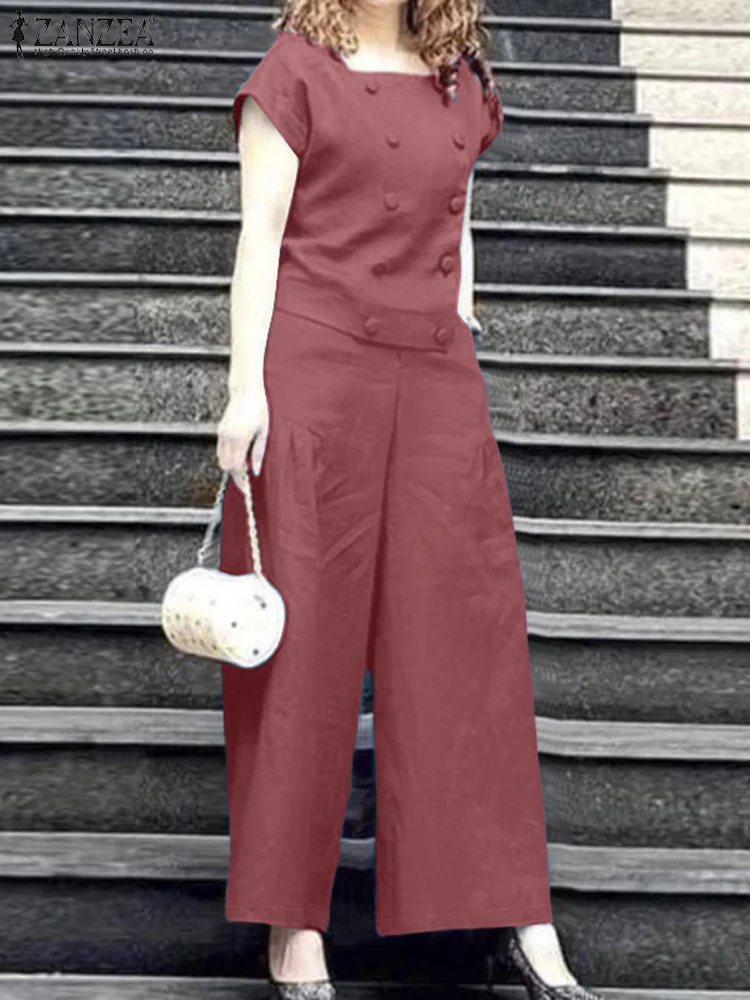 ZANZEA Women Elegant 2PCS Wide Leg Trousers Suits Summer Casual Commute Tracksuit Fashion Short Sleeve Blouse Solid Pants Sets