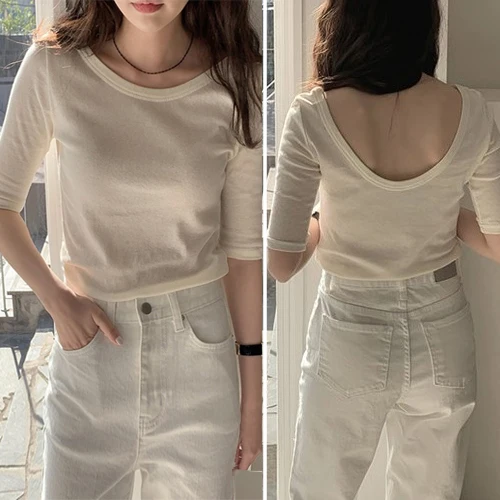 

Хлопковая футболка женская повседневная с круглым вырезом, облегающая, черная/белая, для весны, осени, лета, базовая модель