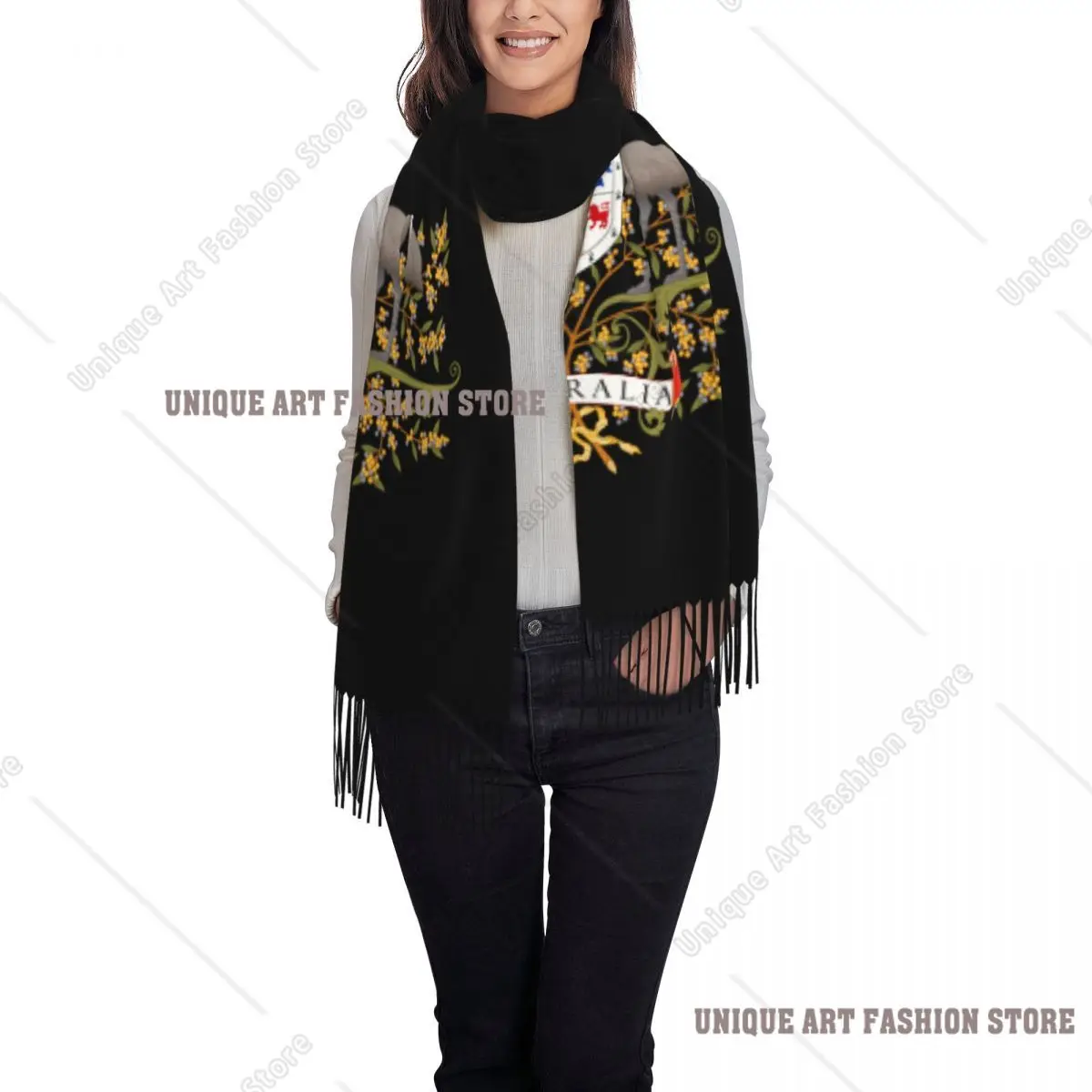 オーストラリアの国旗の紋章入りカスタムタッセルスカーフ、女性用ソフトショール、レディースウィンタースカーフ