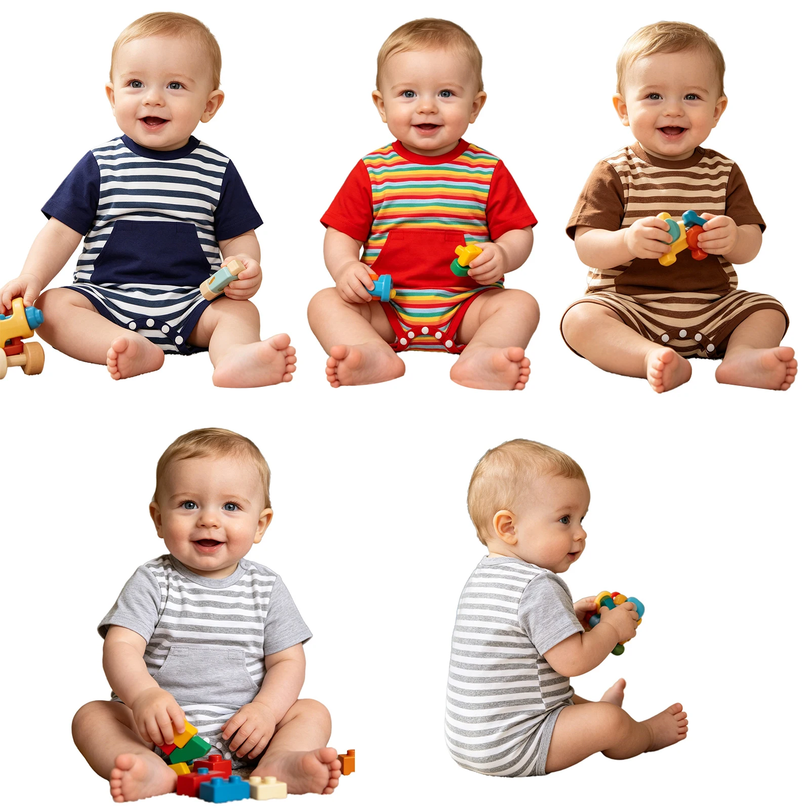 Baby Boys Girls Short Sleeve Striped Romper with Zipper Feeding Tube Access Special Needs Adaptive Clothing Daily Wear Homewear