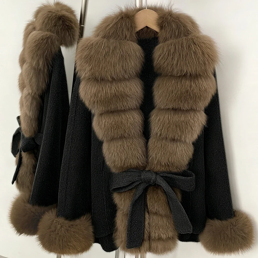OFTBUY Neue Luxuriöse Warme Winterkleidung mit Natürlichem Fuchsfell Damen 100% Wollmantel mit Gürtel Echter Fuchsfell-Wollmantel für Frauen – Detail 14