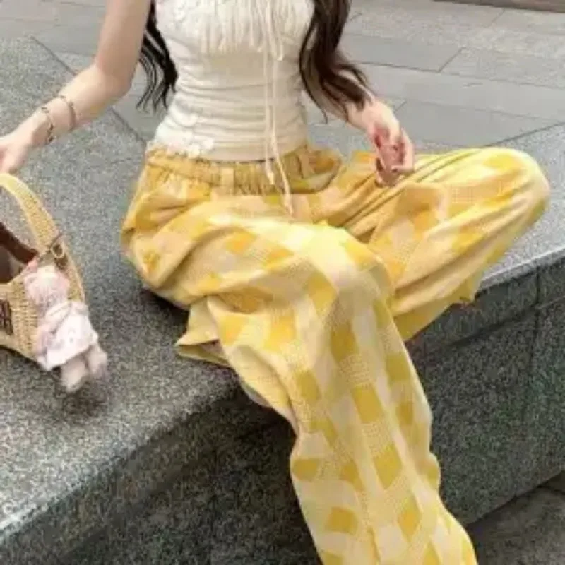 Women's Casual Two-piece Set Halter Tie Crop Top High Waist Plaid Wide Leg Pants Summer Outfit