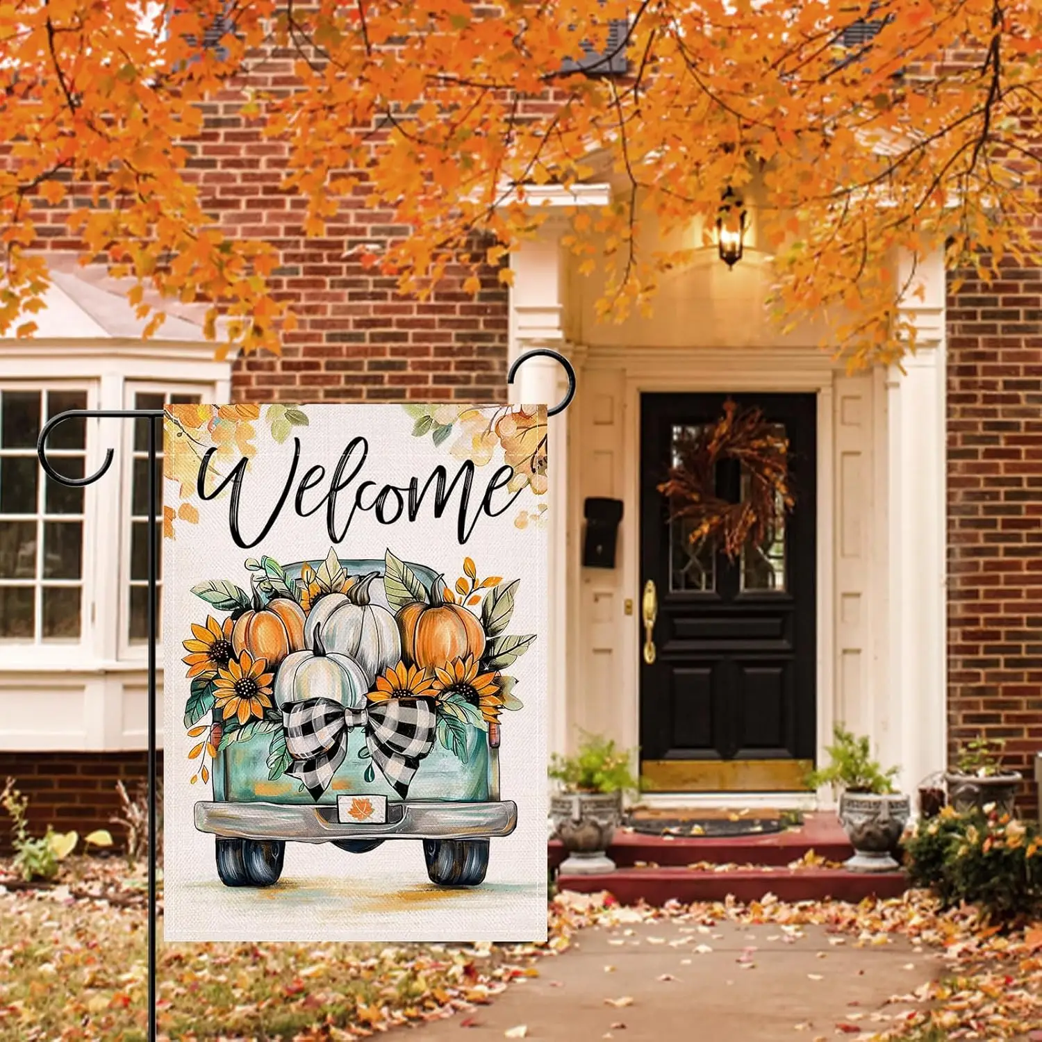 Artofy Welcome Fall Pumpkin Small Decorative Garden Flag, Autumn Thanksgiving Harvest Season Teal Truck Yard Lawn Outside De UUN