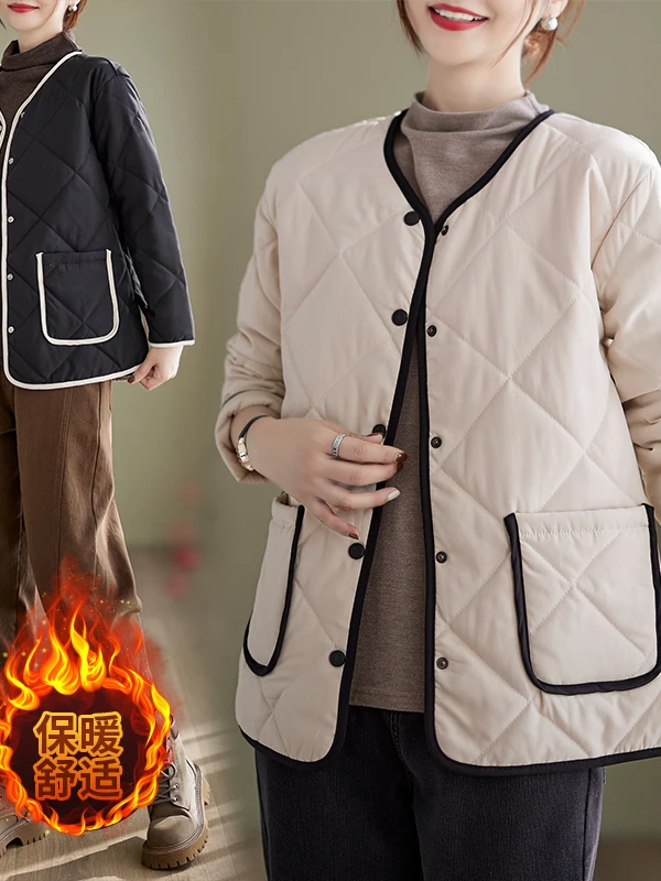 

Authentic Winter Cotton Jaet Loose V-Ne Double kets Single Button Thiened Long Sve Ladies Faion Commute Sle