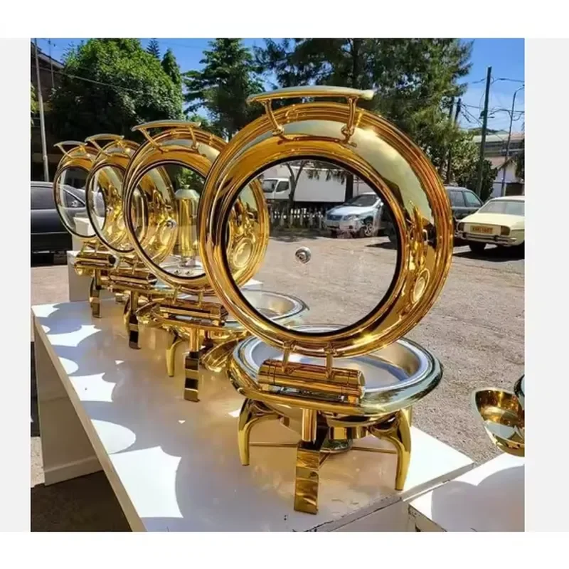 Hotel Restaurant Golden Chefing Dishes Round 6L Banquet Party Catering Equipment Chafer Gold Buffet Ware Set Catering