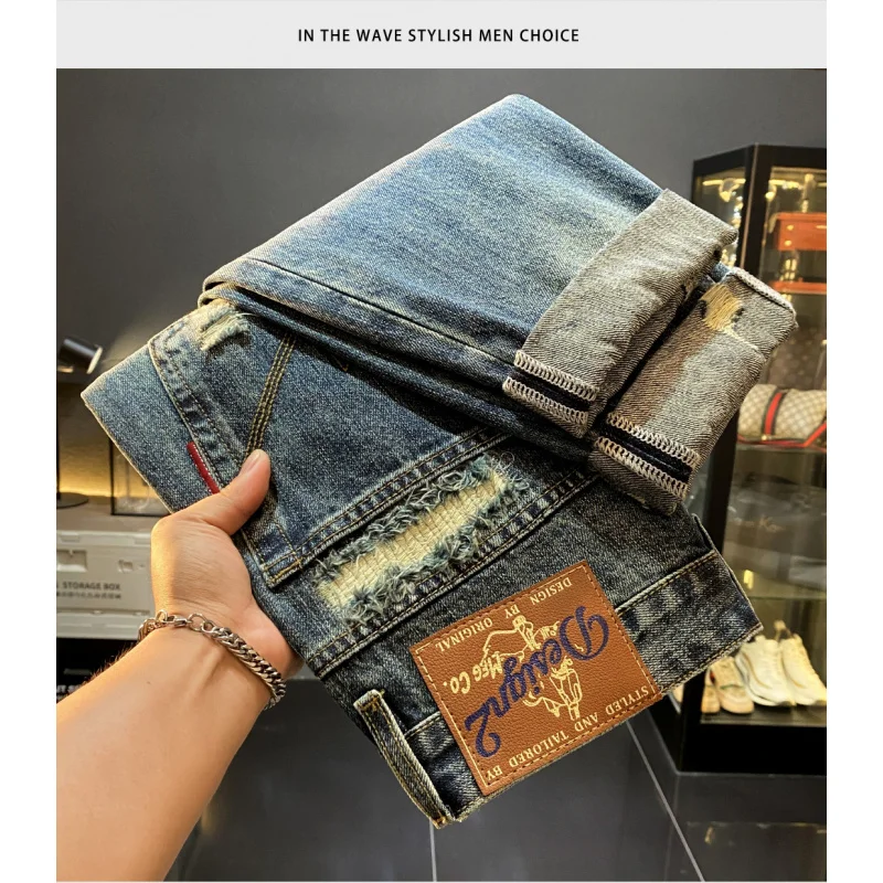 

Красивые американские элитные модные рваные джинсы с нашивками, мужские свободные прямые крутые повседневные осенние новые длинные брюки