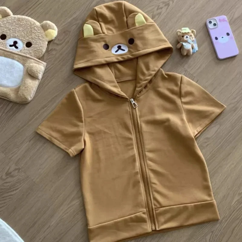 Y2K Rilakkuma Tops&Tees Hoodie Summer Cotton Short Sleeve Japanese Lolita Cartoon Kawaii Girls Zipper Loose Round Neck Top New