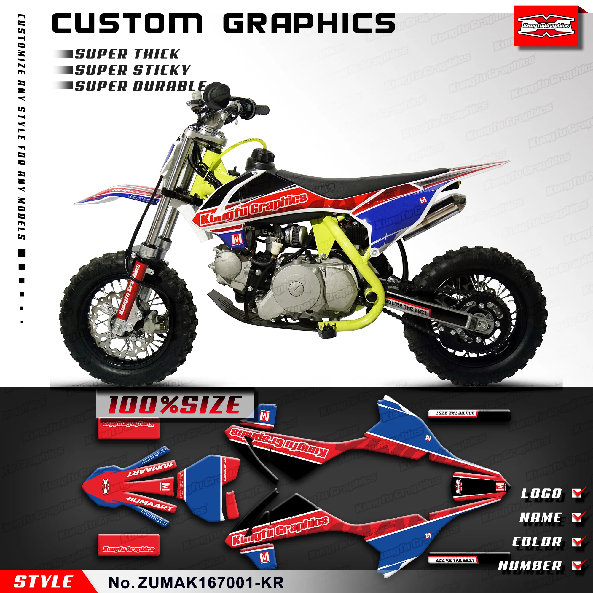 KUNGFU GRAPHICS Kids Mini Dirt Bike Racing Graphics Motorcycle Stickers for ZUUMAV K1 50 60 70, Refurbishing, ZUMAK167001-KR