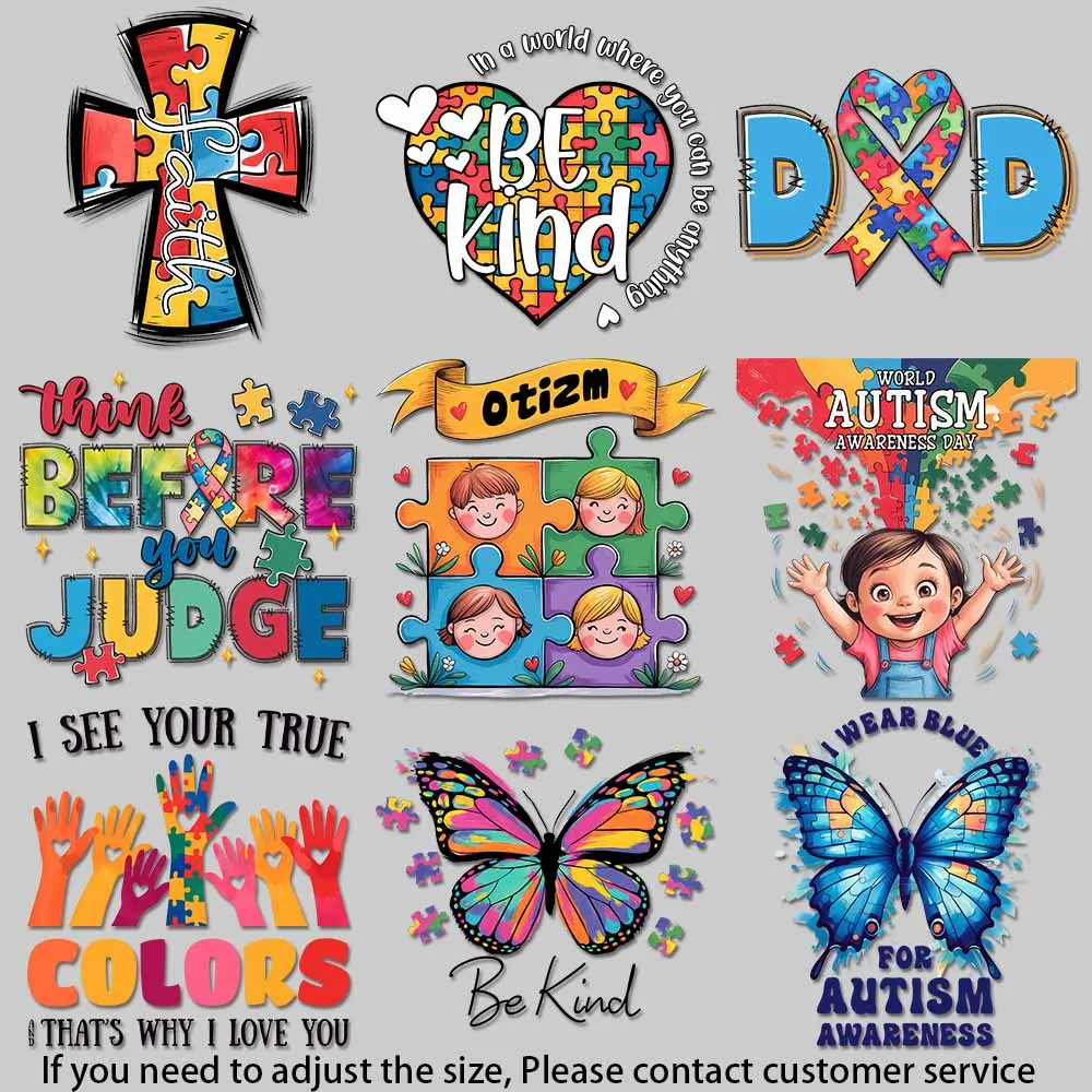 Colorful Autism Awareness Heat Transfer Decals - Puzzle, Ribbon, Kids Design - DIY for T-Shirts, Bags