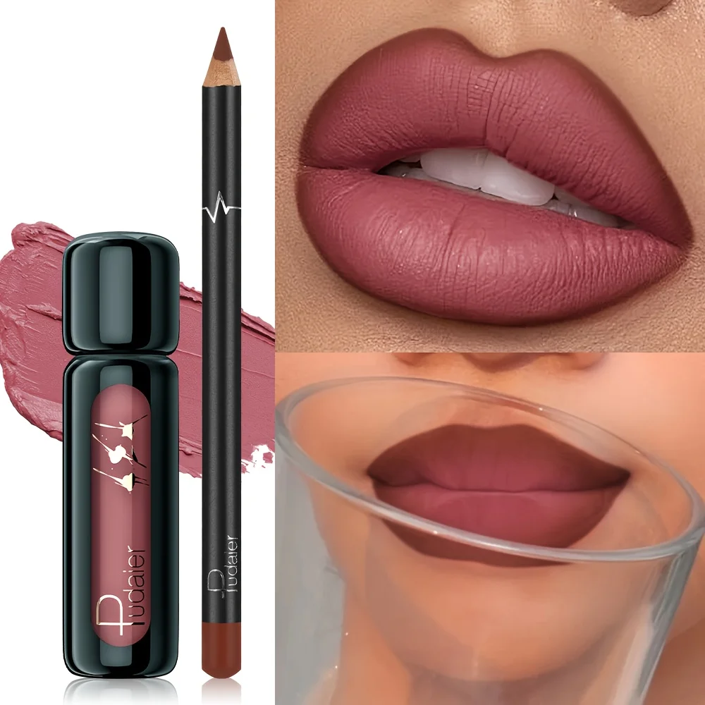 Wasserfester Lipliner und Lippenschlamm-Set, mattes, langanhaltendes samtiges Lippen-Make-up, glattes, lichtechtes Geschenk für Frauen