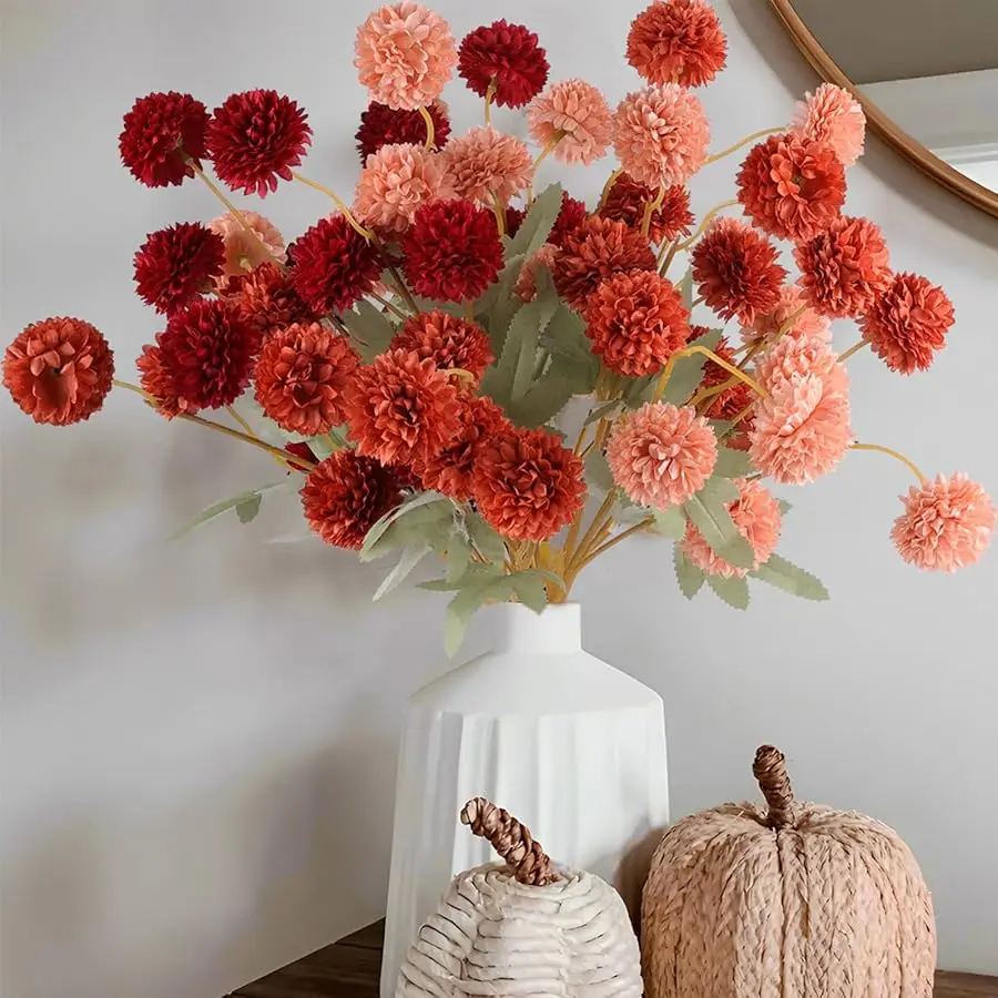 12 Pcs Artificial Chrysanthemum Flowers, Orange Kiku Pom Pom Mums Flower Faux Fall Floral for Autumn Halloween Kitchen Table Cen