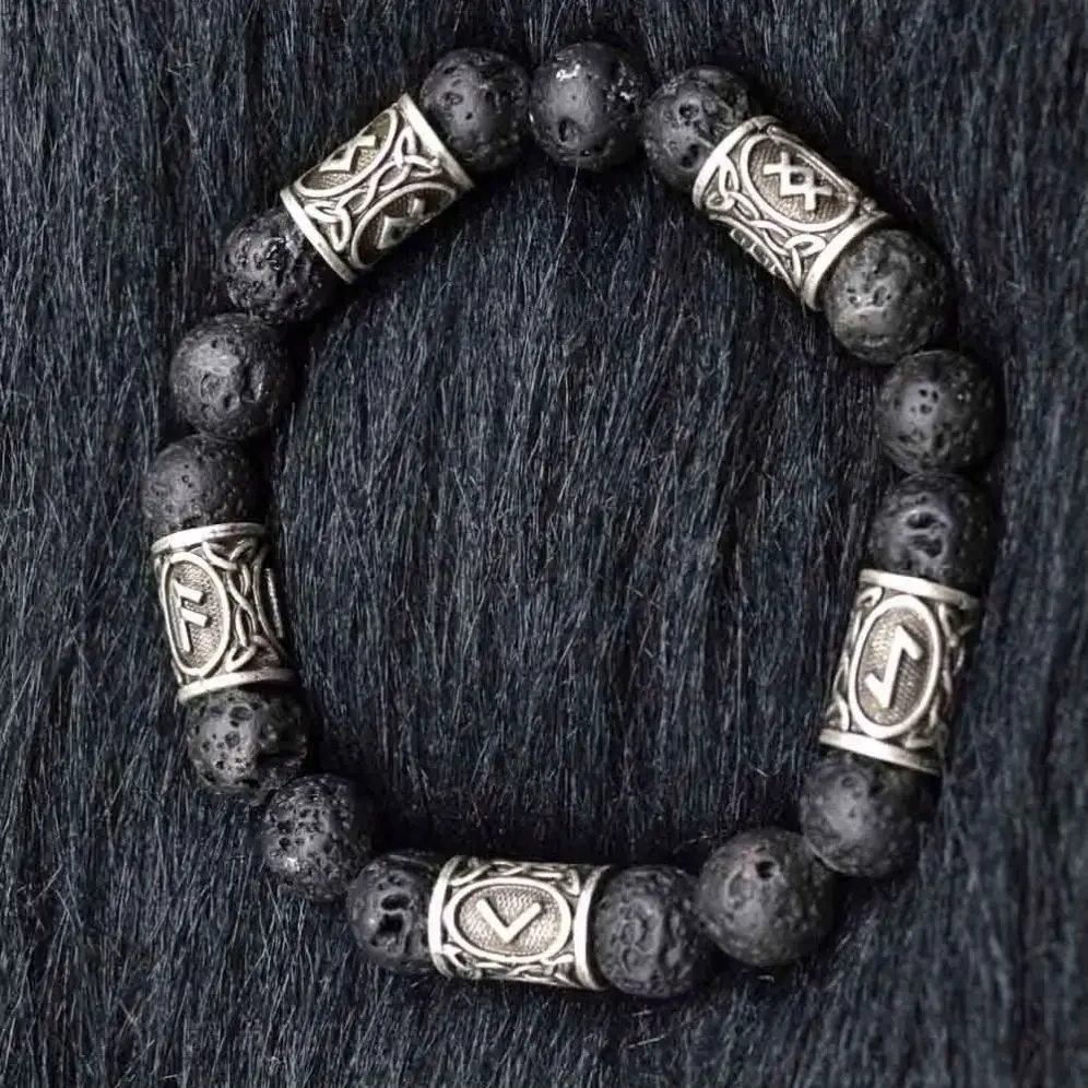 Viking Runes Jewelry Vintage Amulet Lava Stone Bracelet For Men Women Accessories Runas Vikingas Bangle with 5 rune beads