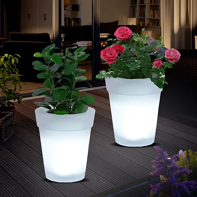 Outdoor Solar Powered LED Flower Pot Solar Rechargeable Luminous Waterproof LED Planters Pot For Balcony Landscape Night Lamp