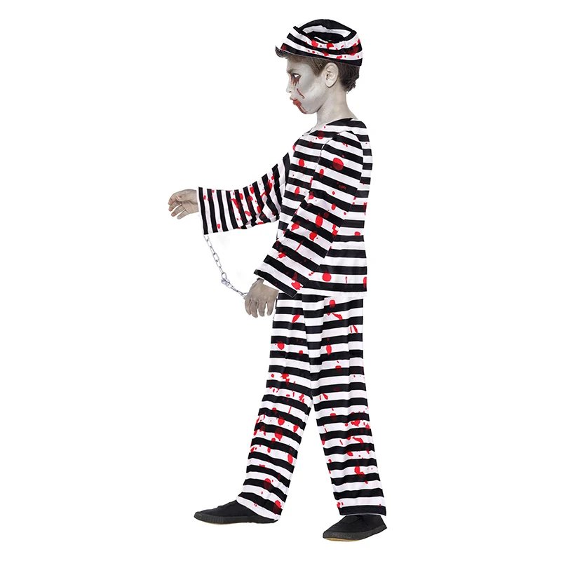 وصل حديثًا لعام 2025 للجنسين أبيض وأسود مخطط للكبار زومبي دموي سجين فستان الهالوين زي مخيف للأطفال زومبي #4