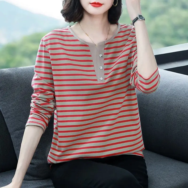 Women Korean Fashion Striped Print Patchwork Long Sleeve T-shirt 2024 Autumn Casual V Neck Loose Comfortable Basic Tops Female