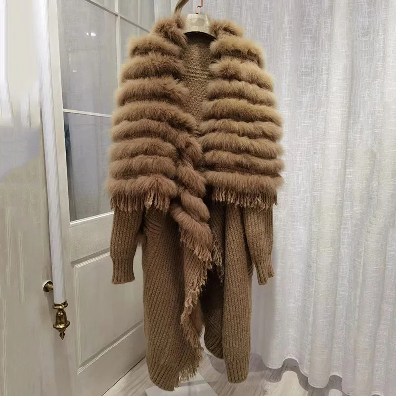 Women Plus Size Knitted Fox Fur Coat Female Loose Autumn Long Sleeve Knitted Overcoat European Elegant Woolen Coats