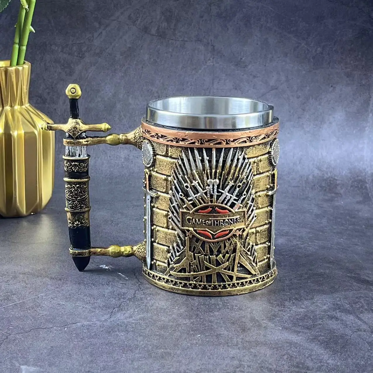 Imitation Bronze Mug Tankard Stainless Steel Resin Medieval Retro Wing Sword Shield Grim Reaper Leather Beer Stein 600ml