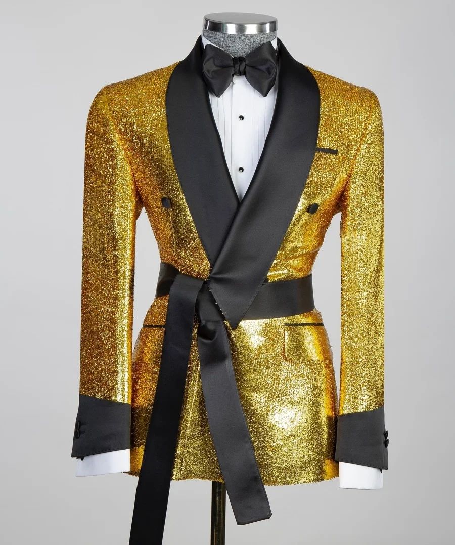 Black Satin Collar Gold Glitter Wedding Tuxedo with Belt Groom Men Suits Slim fit 2PCS Blazer Pants Formal Party Male Suit