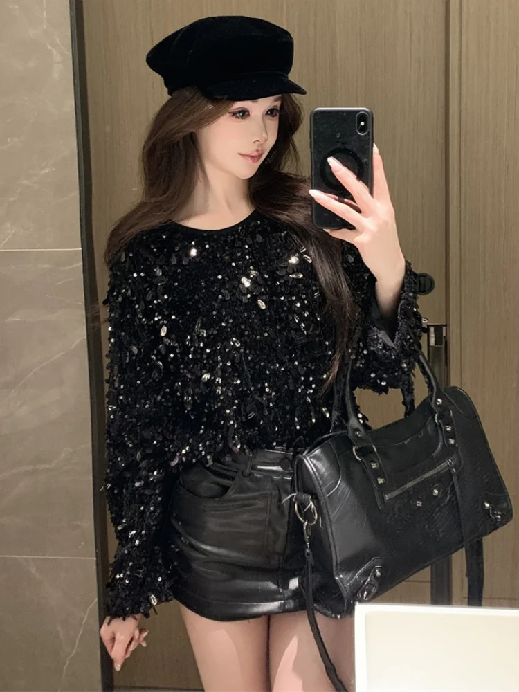 

SMTHMA новая модная футболка с блестками и длинными рукавами и круглым вырезом для женщин, зимняя утягивающая базовая рубашка, топ